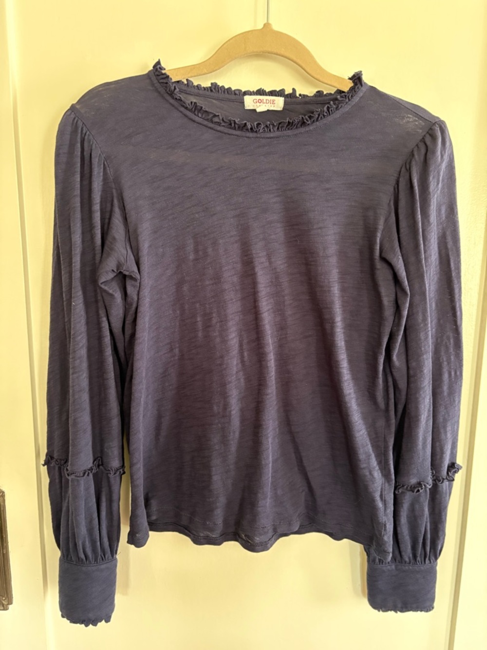 Goldie Navy Long-Sleeve Ruffle-Edge Top